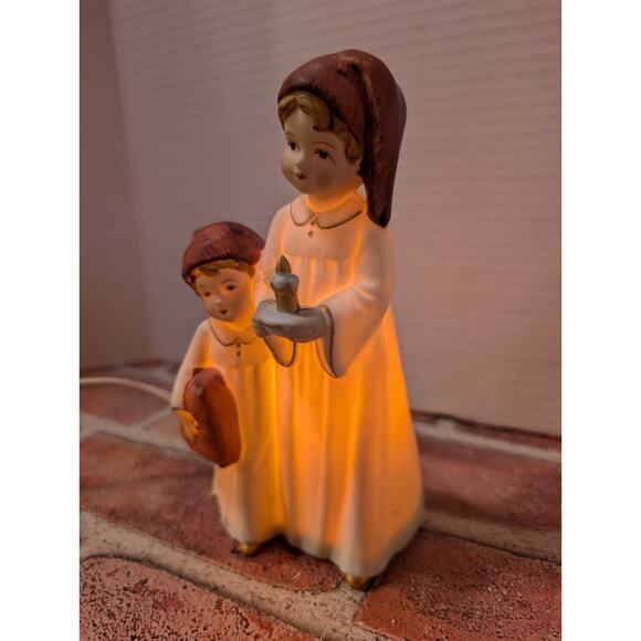 Vintage Porcelain Lighted Figurine Two Children in Nightgowns with Candle Japan - Picture 2 of 8
